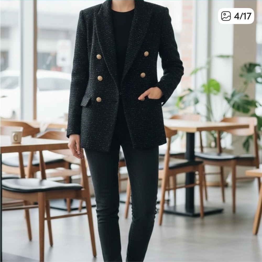 Zara Black Textured Tweed fabric Long Blazer with Gold Buttons size S - Picture 2 of 6